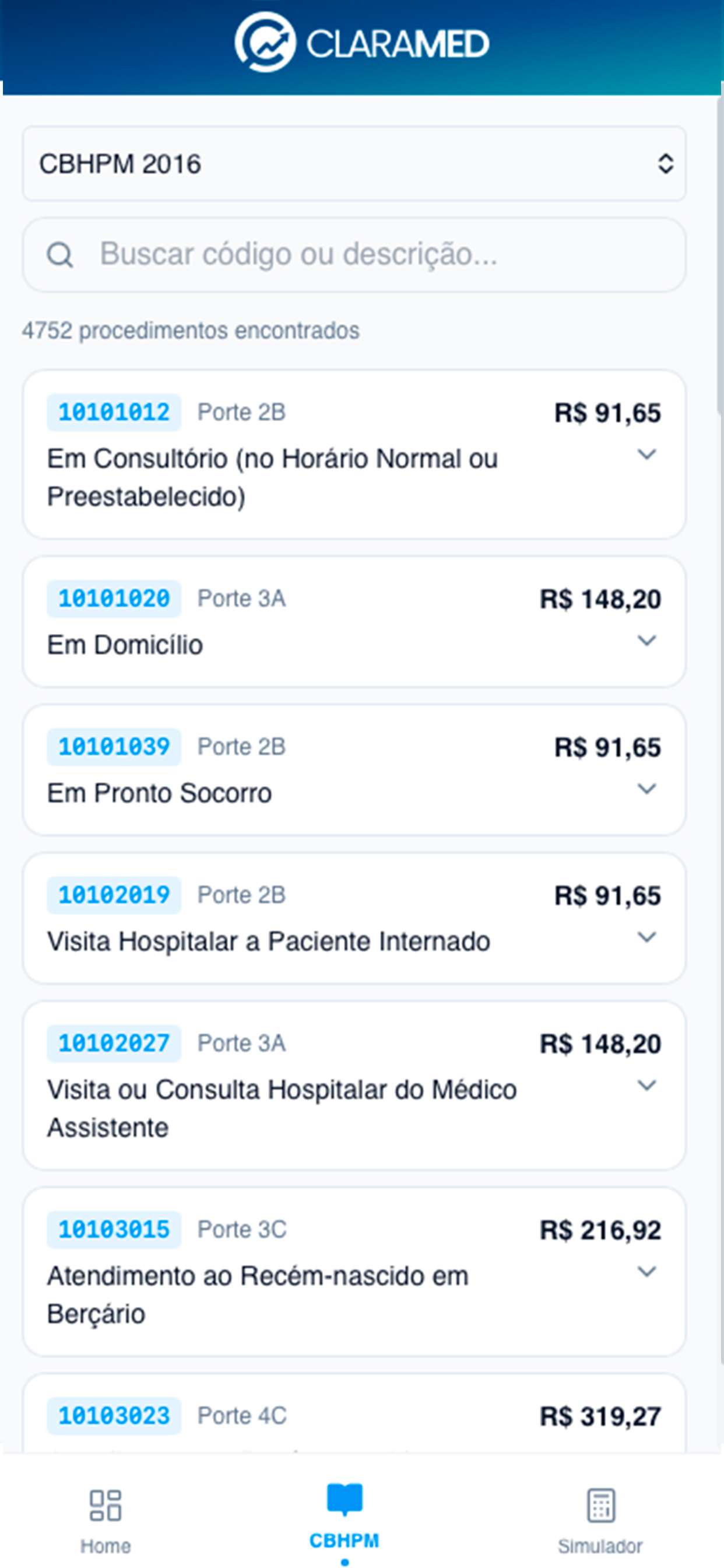 ClaraMed Tabela CBHPM — 4.752 procedimentos