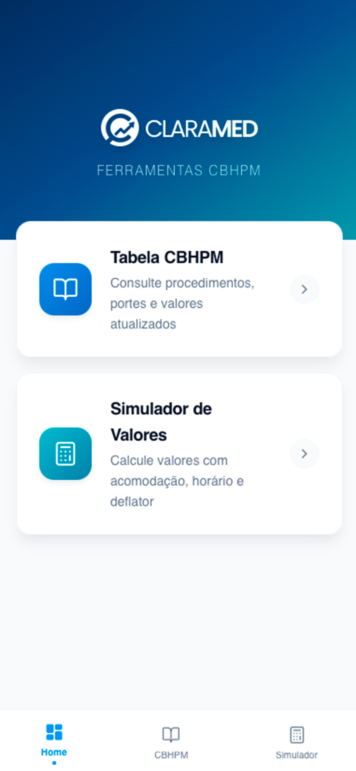 ClaraMed Home — Ferramentas CBHPM